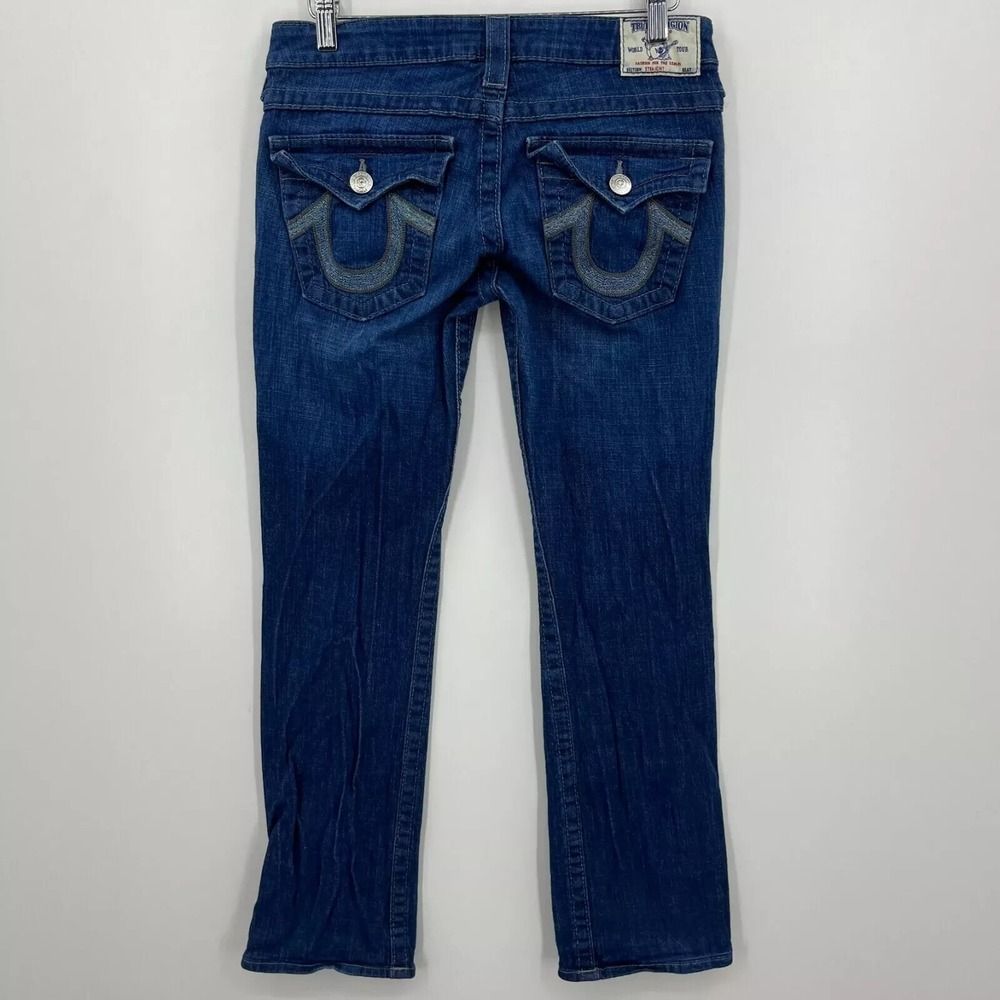 True Religion Jeans Women's Size 28 Blue Straight Low Rise Flaps Vintage USA Y2K
